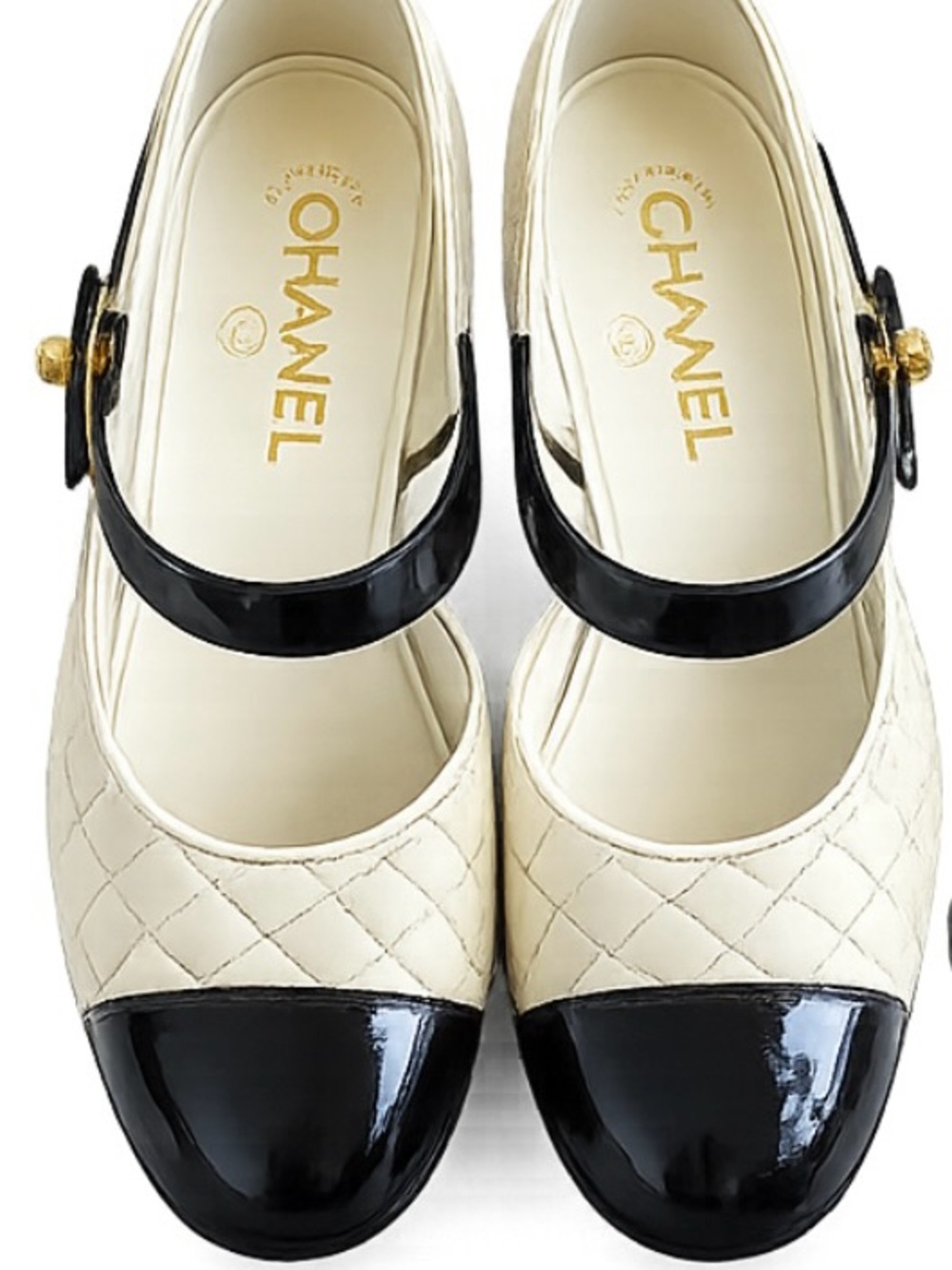 CHANEL Cream Quilted Mary Jane Flats with Black Patent Cap Toe - Picture 2 of 6